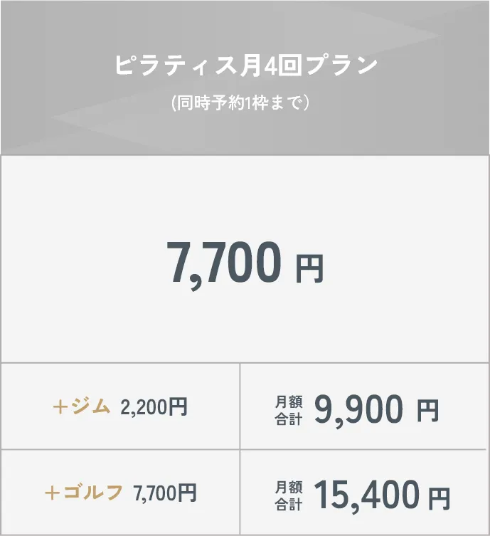本格ジムDiVEの「ピラティス月4回プラン」料金表。同時予約1枠まで。月額7,700円。ジム追加（+2,200円）で月額9,900円、ゴルフ追加（+7,700円）で月額15,400円。