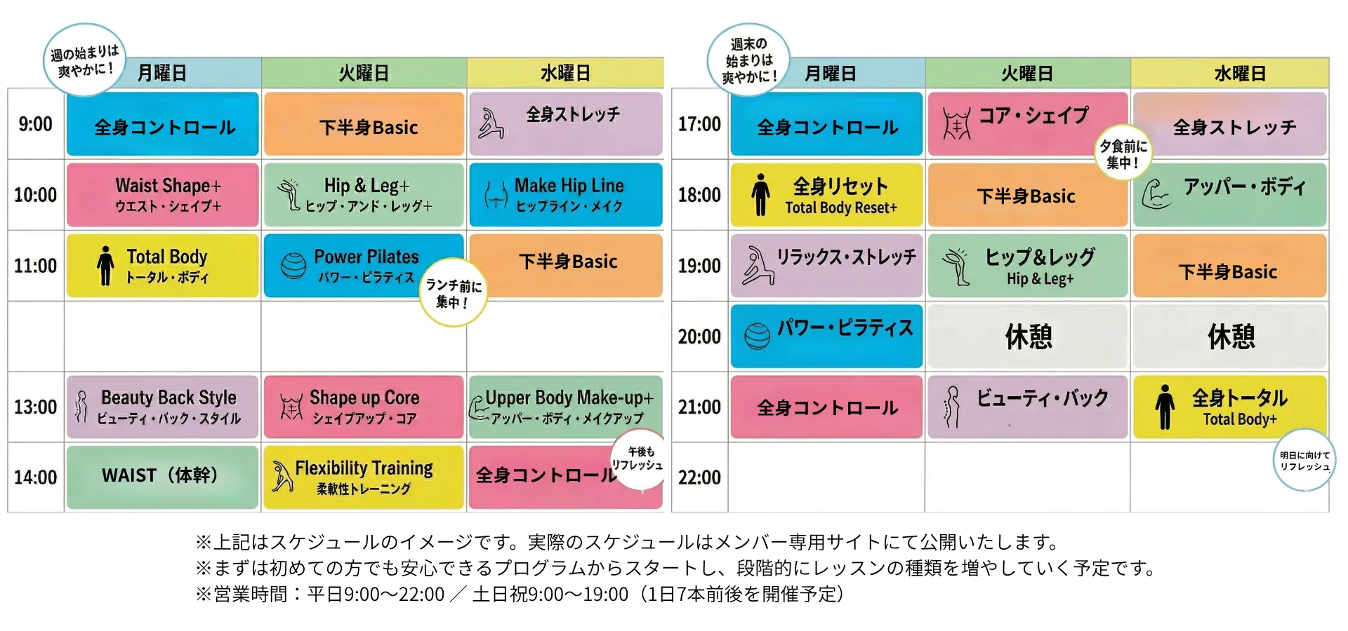 ピラティスレッスンスケジュールのイメージ。月曜から水曜の9時から14時と17時から22時に、全身コントロール・下半身Basic・全身ストレッチなどのプログラム例を掲載。営業時間は平日9:00から22:00、土日祝9:00から19:00（予定）。