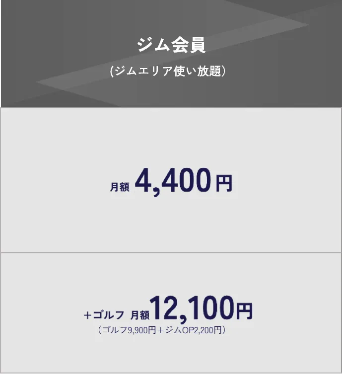本格ジムDiVEの「ジム会員」料金プラン。ジムエリア使い放題で月額3,900円（先行入会で永年500円割引）、ゴルフオプション追加で月額11,600円。（ゴルフ会員は永年1,000円割引）