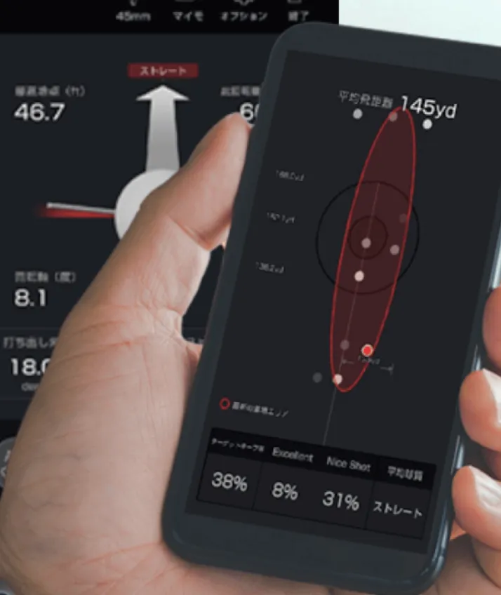 高性能シミュレーターが飛距離・スピン量・スイング動画をその場で解析。理想のスイングへ導く解析画面の様子。
