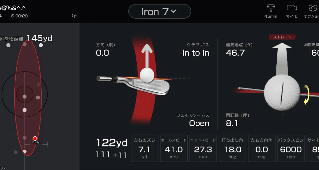 Point 01 ゴルフシミュレーターのスイング解析画面。飛距離・スピン量・弾道データが表示されている。