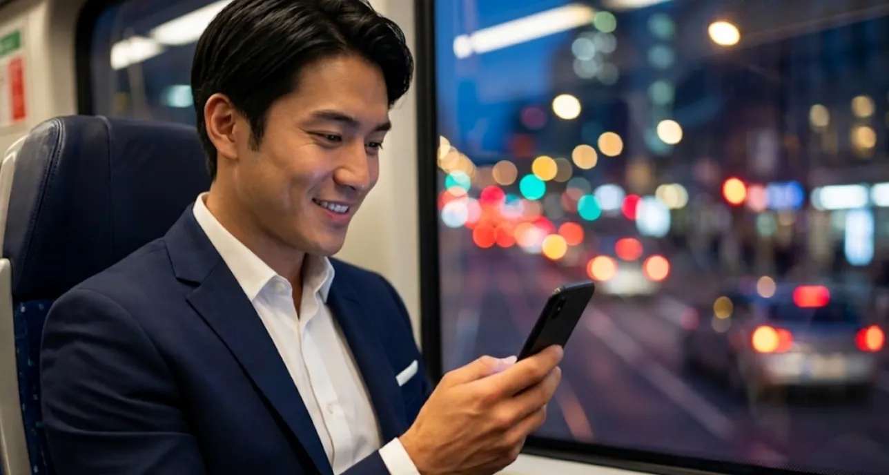 Point 03 スマートフォンで予約手続きを行う様子。仕事帰りや早朝でもスムーズに予約可能。